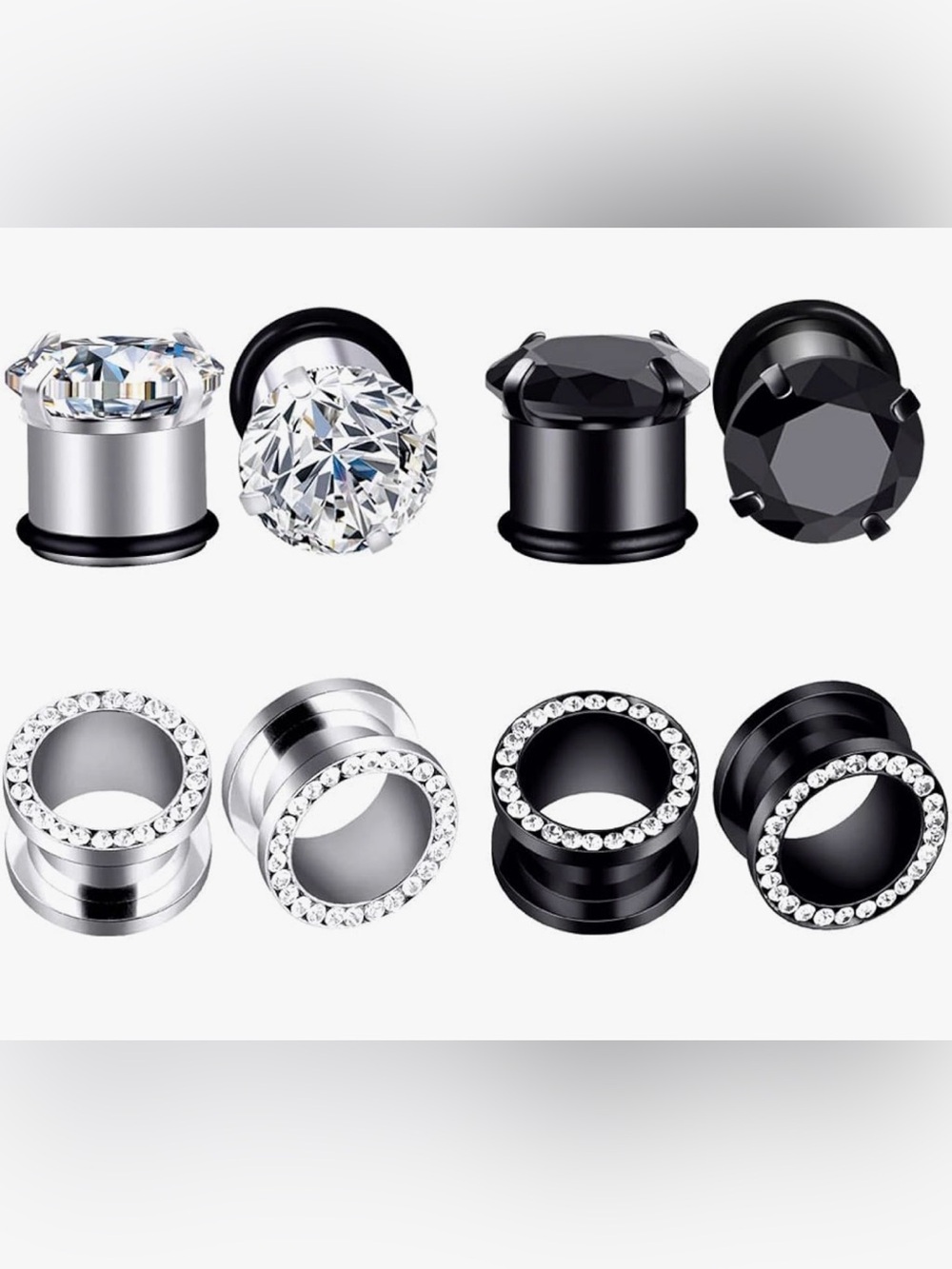6/mm/2G Tunnels, Stainless Steel Black and Silver Crystal